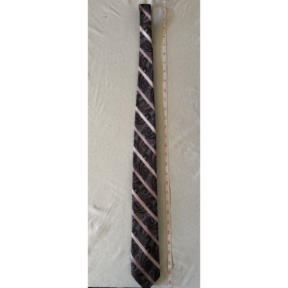 Men's 100% Silk Necktie Paisley Stripe Black Purple Handmade 57"